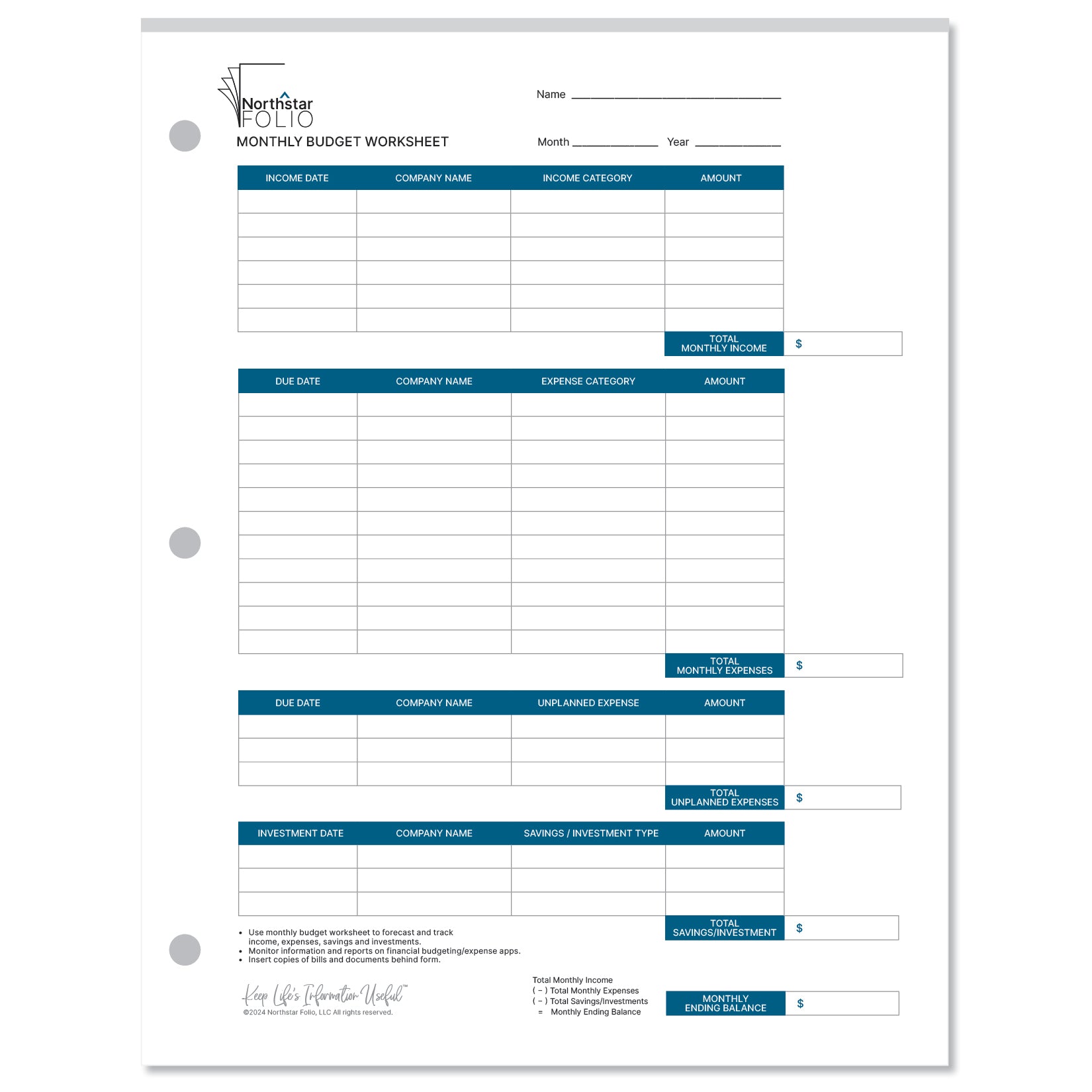 Financial Monthly Budget Worksheet Pad