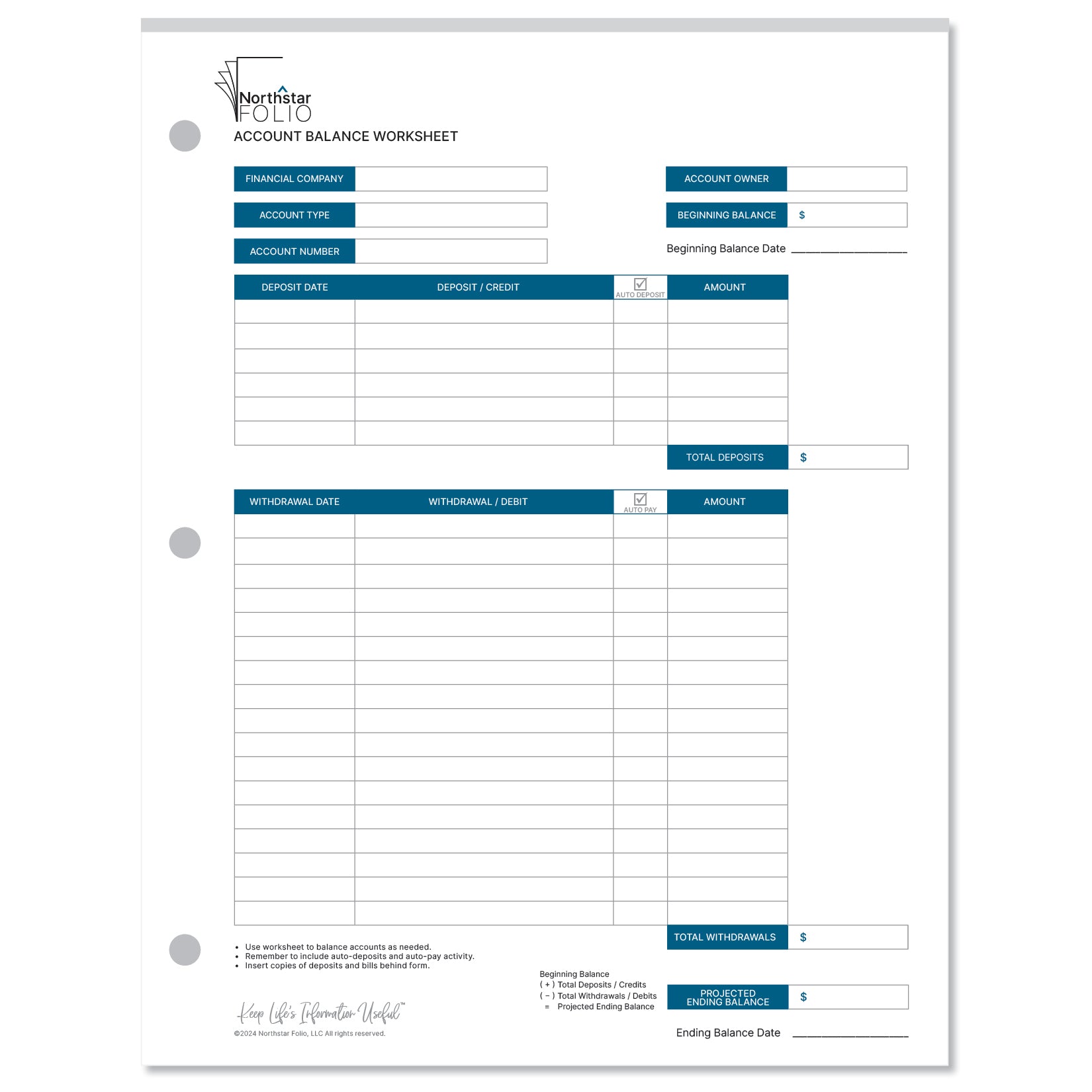 Financial Monthly Account Balance Worksheet Pad